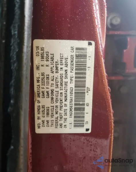 2006 Honda Accord Se from USA, damaged, VIN 1HGCM56376A116543